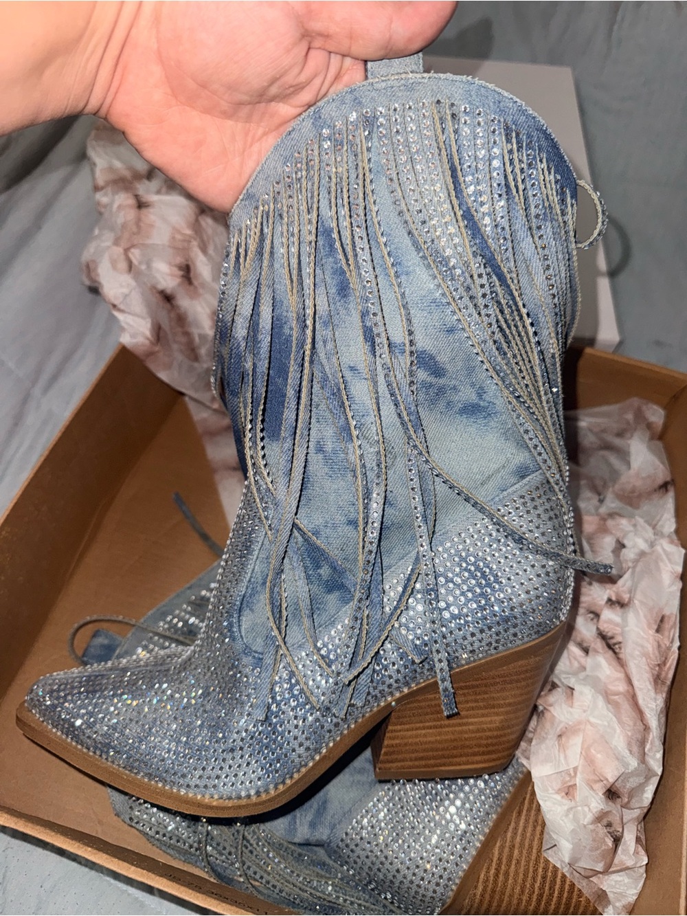 Women’s denim fringe boots - Silver Rhinestone Fringe Boots - Picture 5 of 10